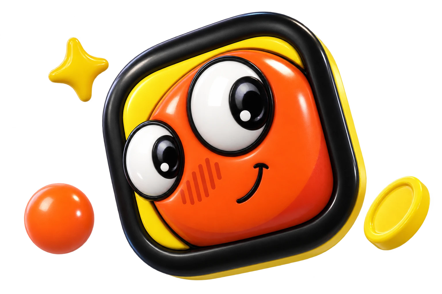 La mascota de MNORI en 3D, con ojos grandes y una sonrisa naranja